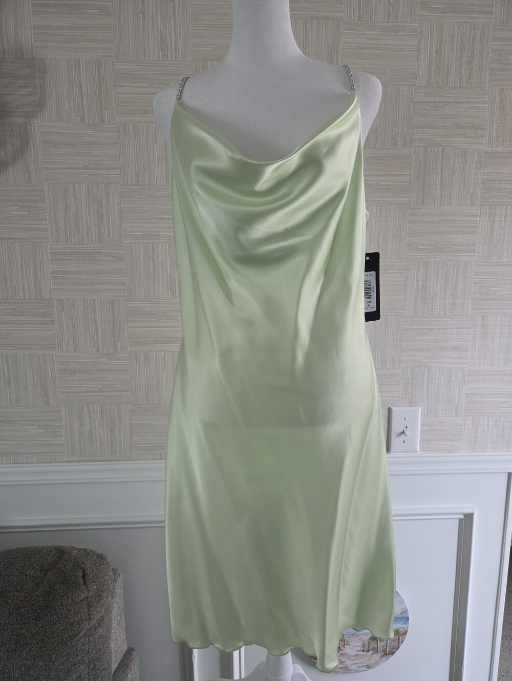 NWT Bebe Sage Satin Cowl Neck Slip Dress Rhinestone Straps XL MSRP $89